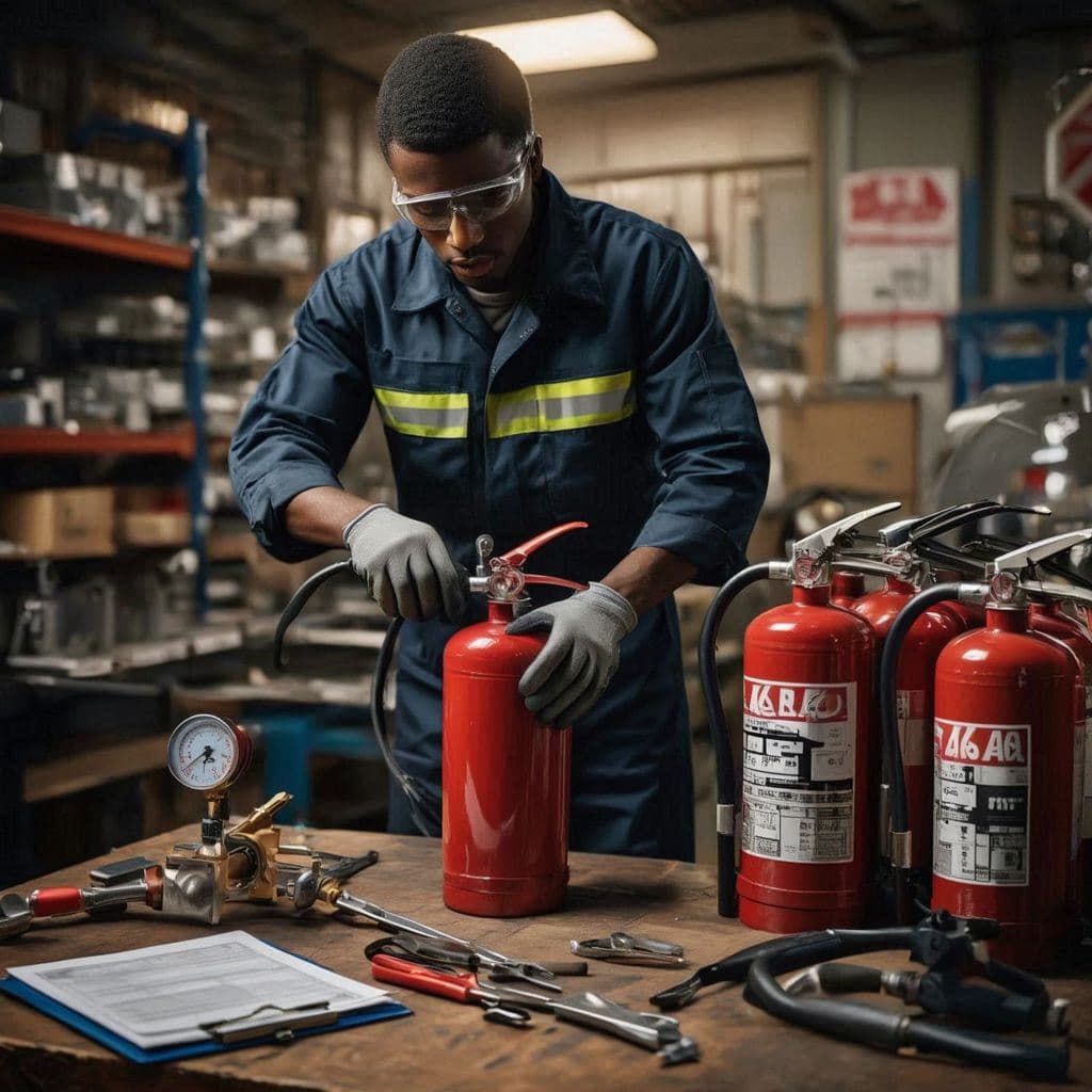 Technician inspecting a fire extinguisher on site