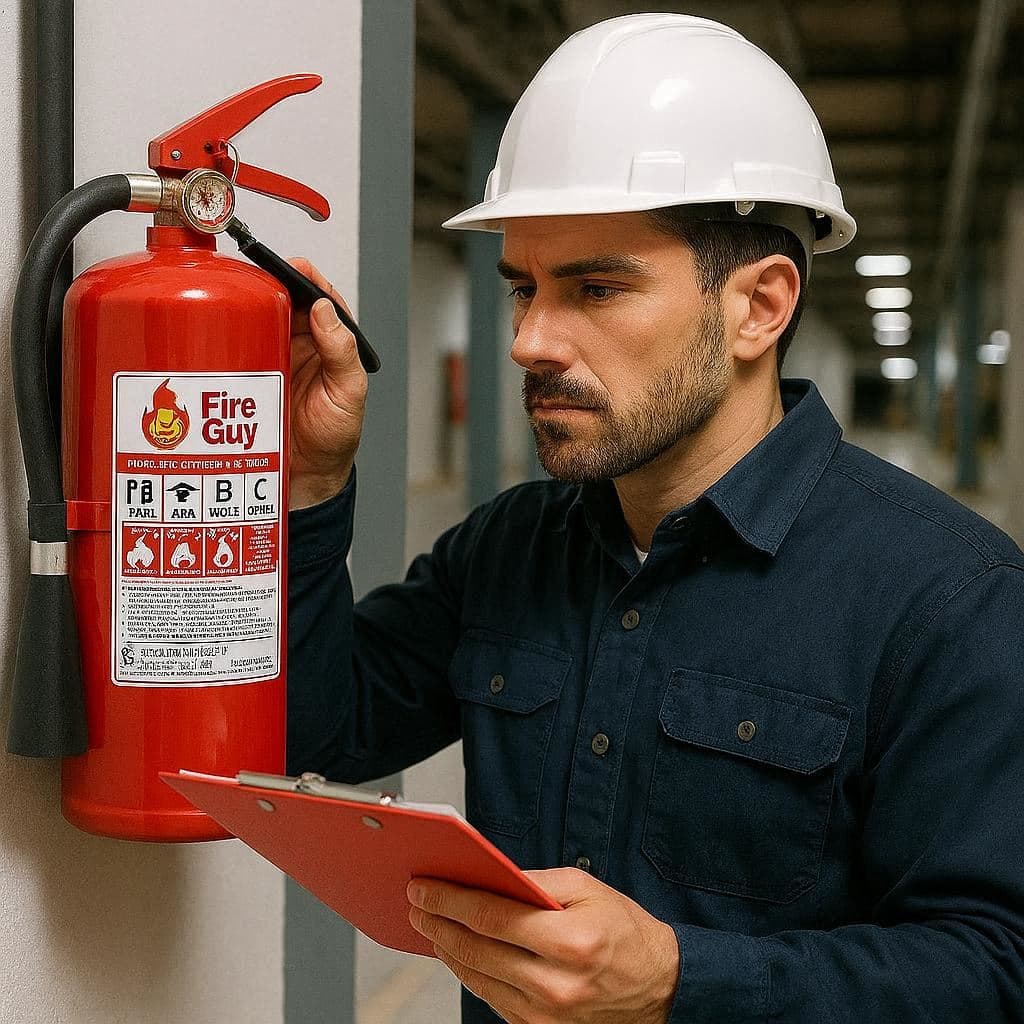 Technician servicing fire extinguishers in workshop